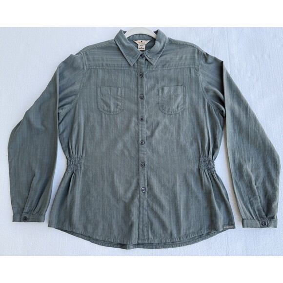 Women’s Woolrich‎ Blouse Button Up Top Olive Green Textured Cotton Medium - Picture 1 of 11
